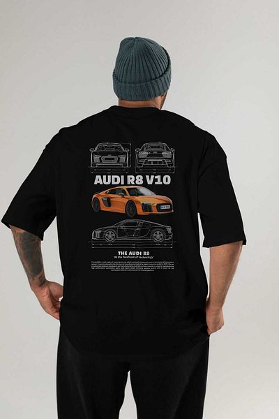 Ankhises Tricou supradimensionat negru cu imprimeu pe spate Audi R8 V10, bumbac, pentru bărbați și femei