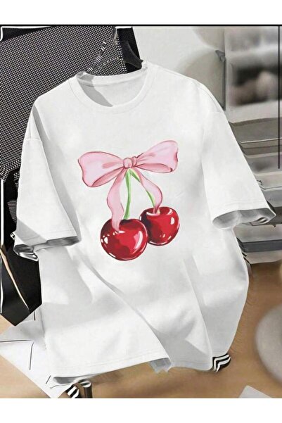 NO 601 Γυναικείο μπλουζάκι με λευκό φιόγκο κεράσι με στάμπα Oversize Loose Fit