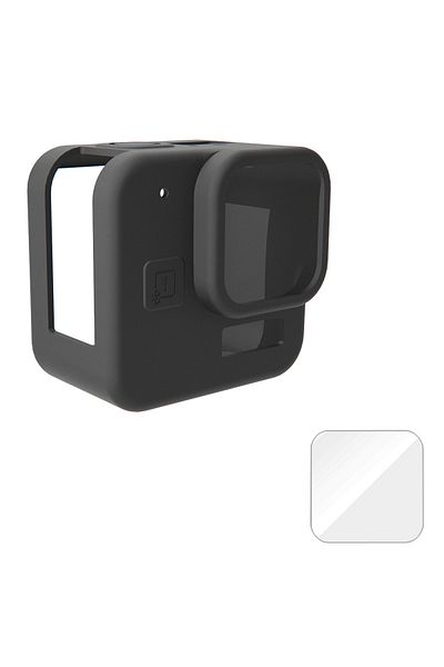 ORBMART Black with Glass Silicone Case for GoPro Hero 11 Black Mini Tempered Glass Lens Protector Protective