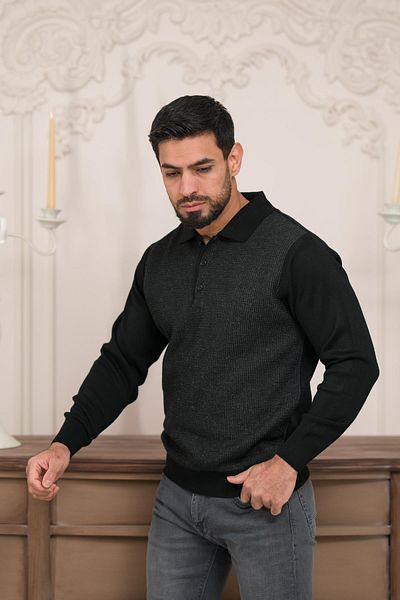 Woolen World Pulover tricot pentru bărbați din lână Dobby cu gât polo