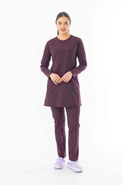 112Giyim Likra Uzun Kol Doktor Hemşire Forması Alt Üst Takım Mürdüm (LTST20018)