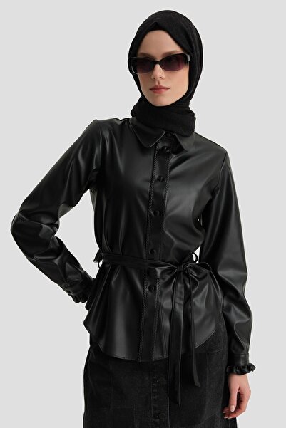 Armine Örgü Şeritli Deri Gömlek 24k3610 Siyah
