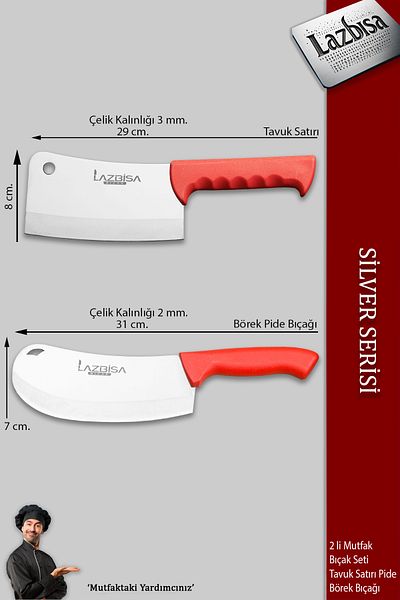 LAZBİSA Silver Series Kitchen Knife Dumpling Knife Pizza Pita Salad Knife Chicken Row Set of 2