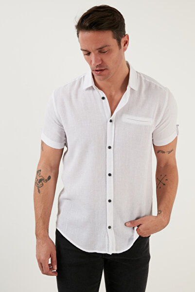 Buratti % 100 Pamuk Keten Görünümlü Slim Fit Kısa Kollu Gömlek Erkek Gömlek Cf21s111766
