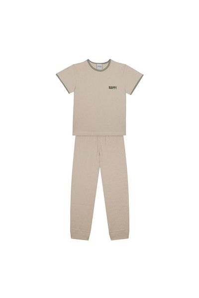 Antebies Beige Waffle Short Sleeve Sleepwear with Green Detail