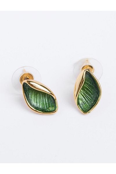Jimmy Key Enameled Earrings with Green Leaf Pattern