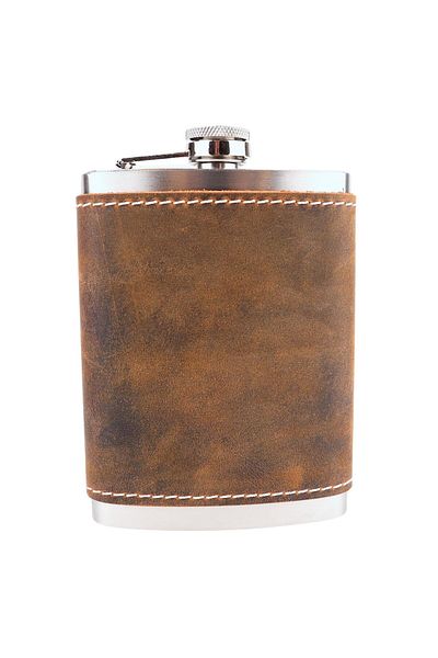 PERLOTUS 8 oz 240 Cc Hazelnut Brown Crazy Leather Sheathed Handmade Steel Whiskey Hip Flask