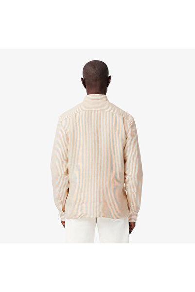 Lacoste Erkek Regular Fit Düğmeli Yaka Çizgili Keten Sarı Gömlek