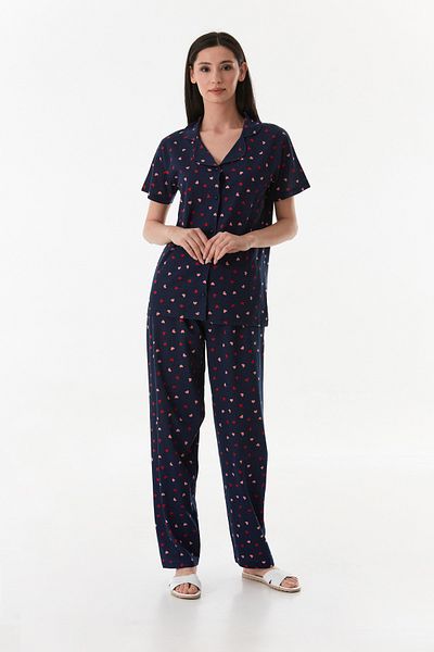 Fulla Moda Heart Patterned Shirt Collar Buttoned Pajamas Set