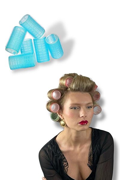 TAKIŞTIR Mavi Renk 6 Adet Bigudi Cırtlı/ Yapışkanlı Saç Bigudisi /Orta Boy