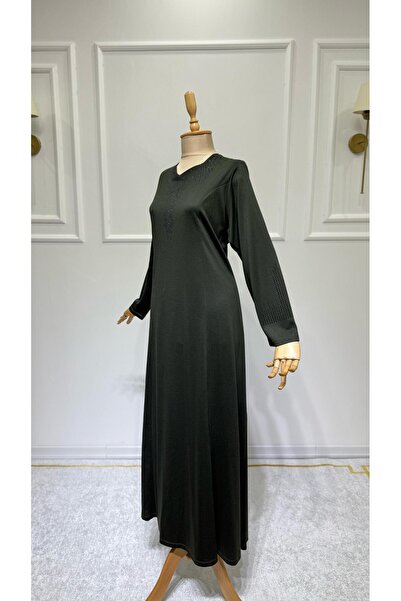 ModaMinar Women's Combed Cotton Fabric V-Neck Dress with Stones on Sleeves and Collar