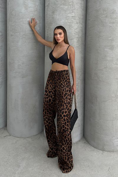 GİYSA Women's Leopard Print Palazzo Pants with Elastic Waist and Lacing Detail - 25Y 2189