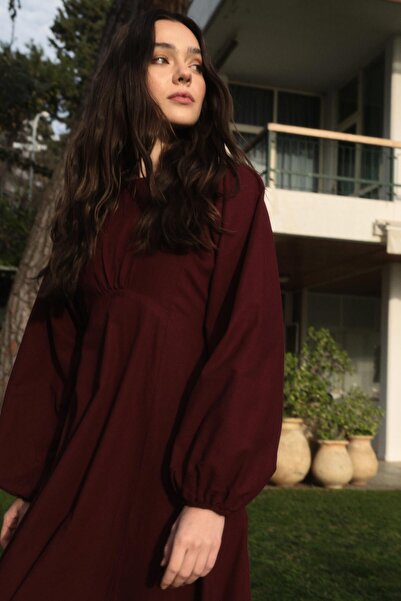 Hooopstore Φόρεμα από λινό μπαλόνι μπορντό