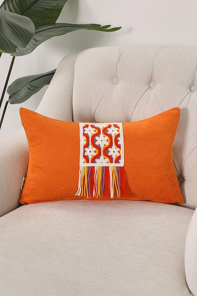 Aisha's Design Middle Color Fringed and Motif Throw Pillow Cover 50X30Cm,K-451