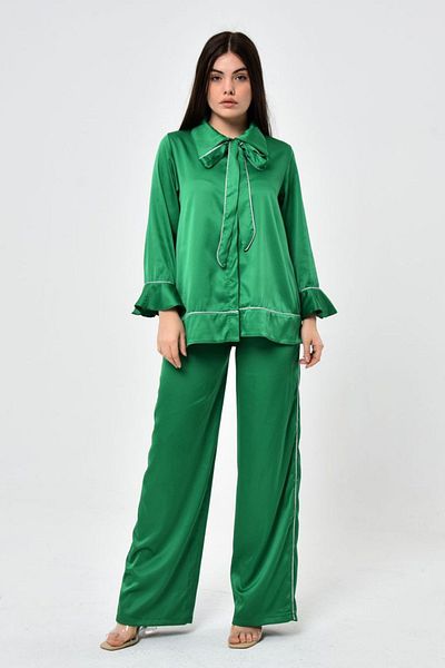 Kubos Moda Green Satin Set with Tie Collar
