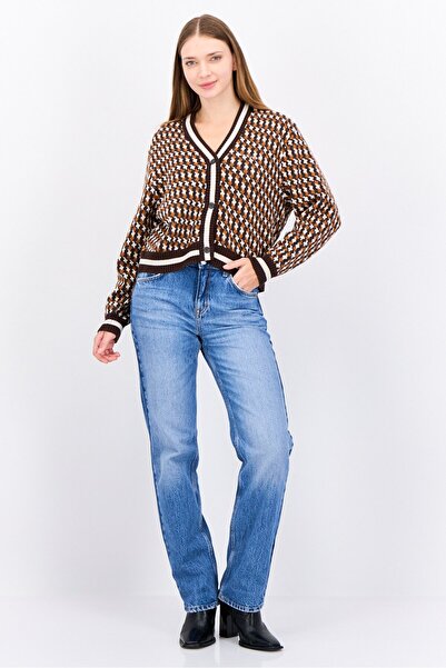 Lyle & Scott Women V-Neck Houndstooth Cardigan, Brown