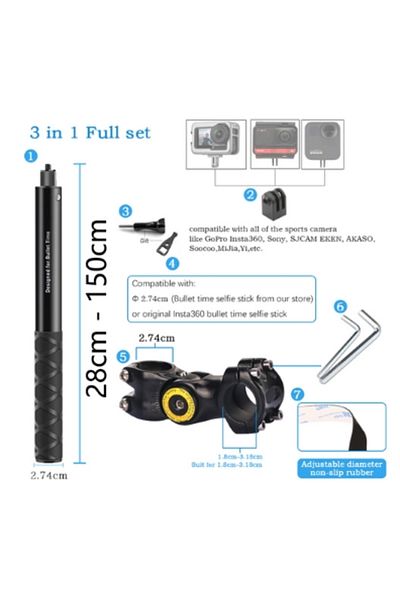 HONGDAK 3 in 1 set 150cm Motorcycle Handlebar Mount Invisible Adjustment Selfie Stick Bicycle Monopod For Go
