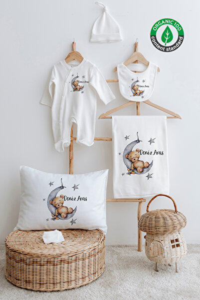 Lilabio %100 Organik Isme Özel Isimli 6lı Hastane Çıkışı Tulum Set Ayıcık