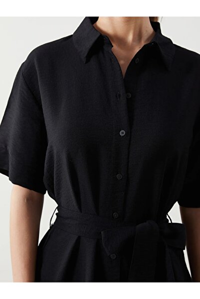 LC Waikiki Dámské košilové šaty LCWAIKIKI Classic Black s krátkým rukávem