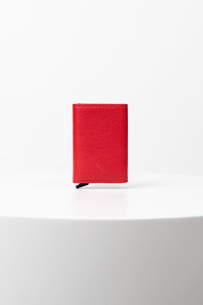 BAYDERİ Genuine Leather Red Mechanical Card Holder Wallet