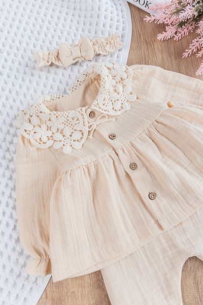 Babymod 3-Piece Muslin Baby Girl Hospital Discharge Set - Guipure Collar and Front Button