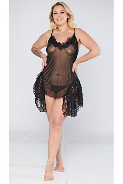 PRIMODA Fancy Plus Size Short Sexy See-Through Panty Tulle Lace Fancy Nightgown