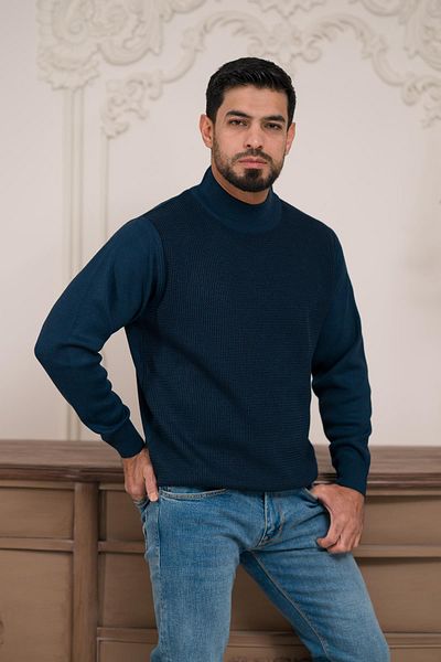 Woolen World Мъжки вълнен трикотажен пуловер с поло яка и шарки