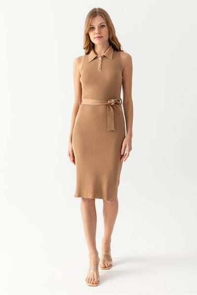 Irmak Kerekli Γυναικείο αμάνικο πλεκτό φόρεμα Camel Polo Neck 8080