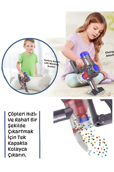 Çekirdek Zeka Pilli Sesli 35 cm Tutmalı Elektrik Süpürgesi 2IN1 Oyuncak Süpürge