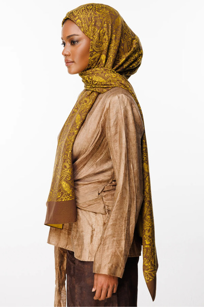 Mooncorn Velora Desen Çift Taraflı Şal Acı Kahve-Hardal