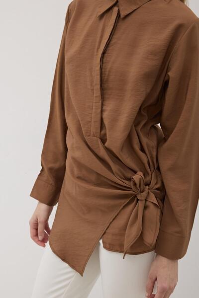 LEVURE Yandan Bağlamalı Modal Gömlek KAHVERENGİ