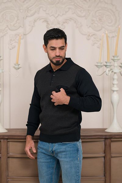 Woolen World Polo Collar Pocket Dobby Wool Men's Knitwear Sweater