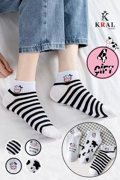 KRAL SOCKS Унисекс чорапи за жени и мъже (4 чифта) в черно и бяло с шарка на крава, специален дизайн