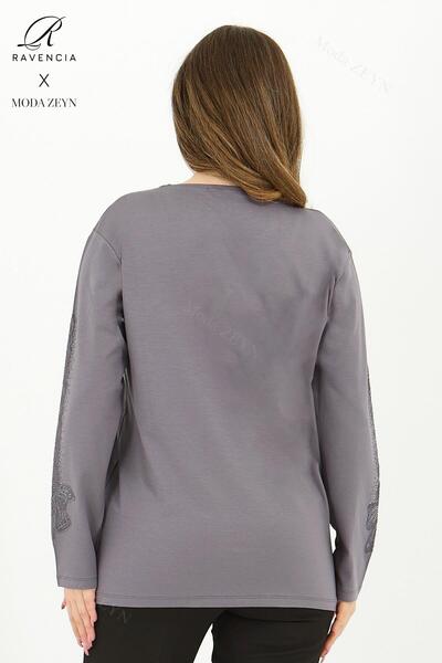 Ravencia Γυναικεία μεσήλικας και άνω μοτίβο φιόγκου βισκόζης με πέτρα κεντημένη λύκρα γκρι μητρική χτενισμένη βαμβακερή μπλούζα