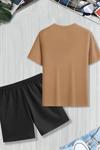 NO 601 Men's Beige Different Printed Oversize T-Shirt Black Short Set