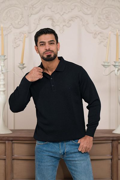 Woolen World Мъжки вълнен трикотажен пуловер с поло яка, обикновен цвят