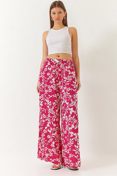 Bianco Lucci Women's Elastic Waist Tie Patterned Pocket Viscose Palazzo Trousers 60261433
