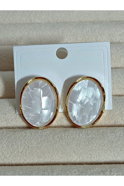 mos&more Steel White Pearlescent Oval Women's Earrings