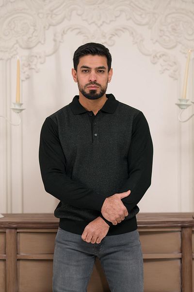 Woolen World Pulover tricot pentru bărbați din lână Dobby cu gât polo