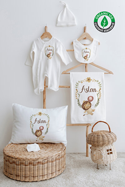 Lilabio %100 Organik Isme Özel Isimli 6lı Hastane Çıkışı Tulum Set Aslan