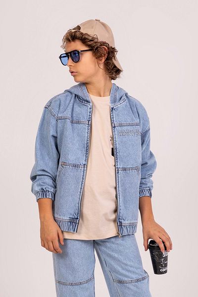 wakawakakidsstore Jachetă de blugi pentru băieți, cu buzunar cangur, cu glugă, broderie în față și în spate