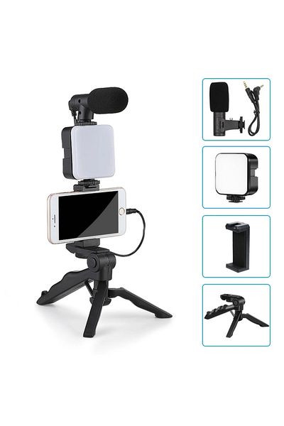 STTKGZD Black Smartphone Vlogging Kit With Tripod Phone Holder Mini Microphone LED Fill Light Starter For Ti