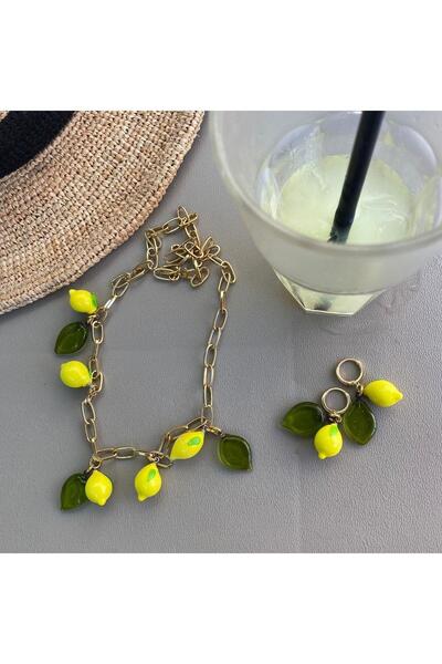 Venus Design Murano Limon Yaprak Kolye Küpe Seti