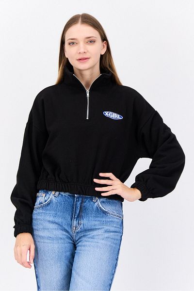 X-Girl Women High Neck Embroidered Logo Half Zip Sweatshirt, Black