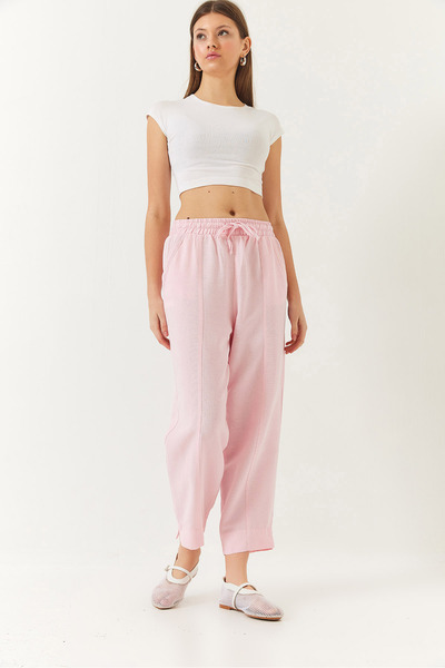 Bianco Lucci Women's Linen Elastic Waist Tie-Up Trousers with Detailed Pockets and Carrot Cut 60261419