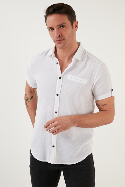 Buratti % 100 Pamuk Keten Görünümlü Slim Fit Kısa Kollu Gömlek Erkek Gömlek Cf21s111766