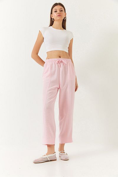 Bianco Lucci Women's Linen Elastic Waist Tie-Up Trousers with Detailed Pockets and Carrot Cut 60261419