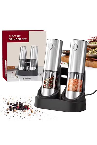 Choice Silver Set 2pcs Electric Salt And Pepper Grinders Set Capacity 190ml Usb Rechargeable Base Adjustabl