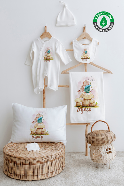 Lilabio %100 Organik Isme Özel Isimli 6lı Hastane Çıkışı Tulum Set Tavşan