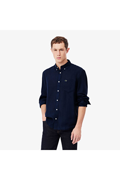 Lacoste Erkek Regular Fit Düğmeli Yaka Keten Lacivert Gömlek